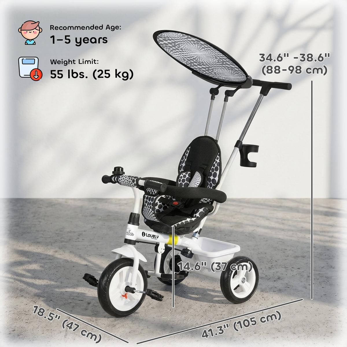 6 in 1 Kids Tricycle with Removable Handlebar and Canopy, Navy Blue