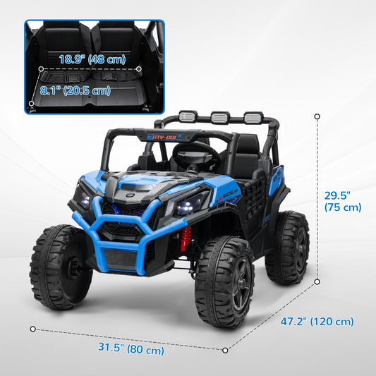 2 Seater 24V Electric Car for Kids w/ Remote Control, 3 Speed, LED Lights, Music, Horn, Spring Suspension, Blue
