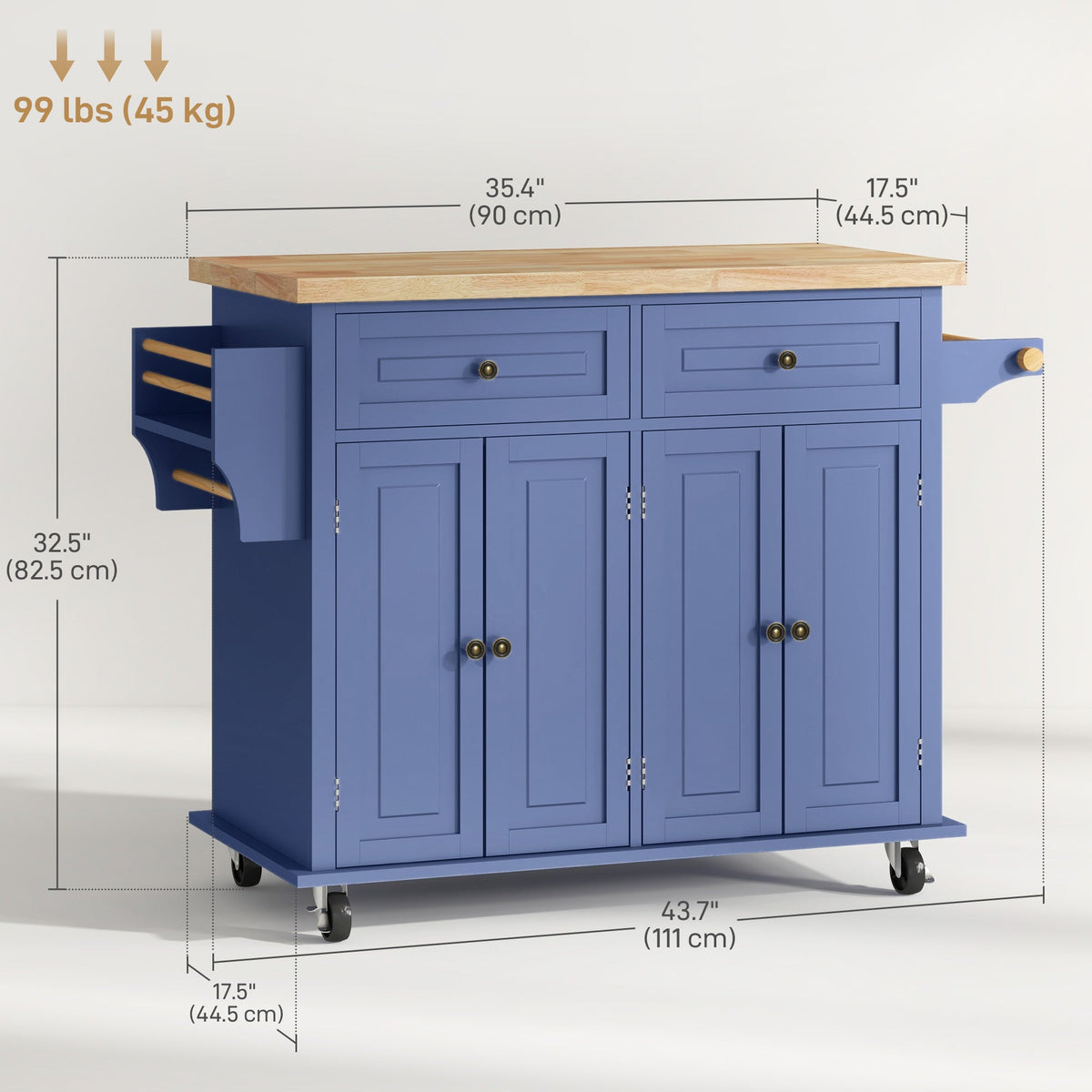 Kitchen Island with Storage, Rolling Trolley Cart with Rubber Wood Top, Spice Rack, Towel Rack, Brown Oak