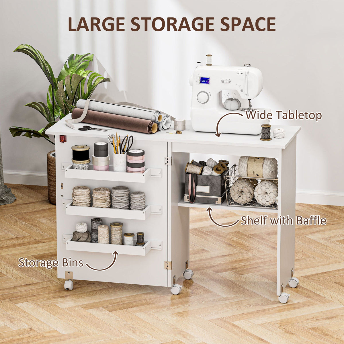 Sewing Machine Cabinet, Folding Sewing Table with Storage Shelf, Bins and Lockable Wheels for Small Space, Brown