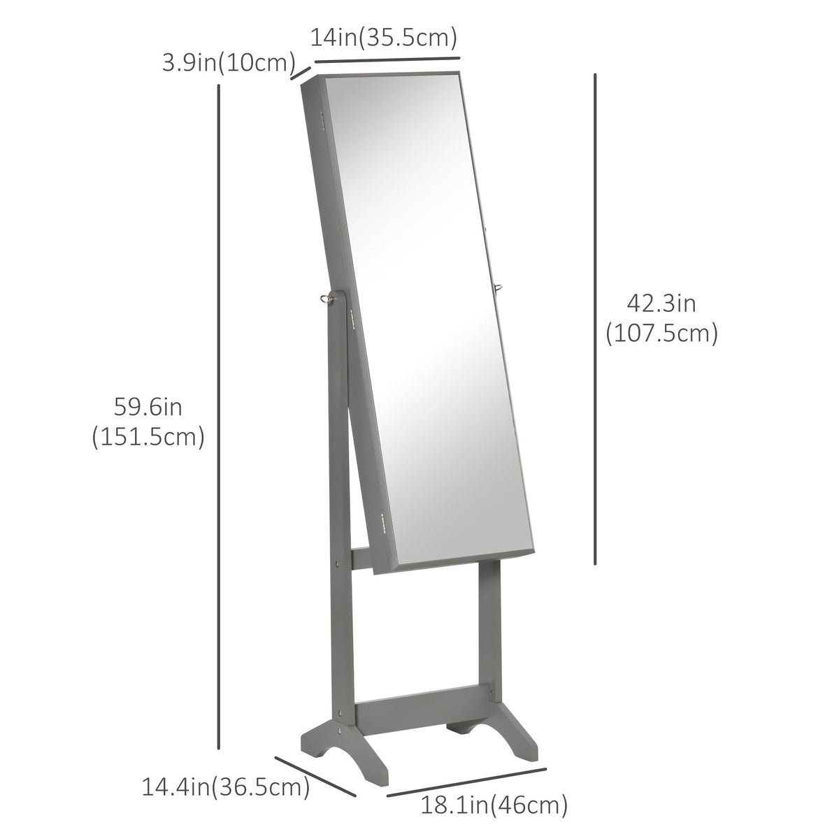 Mirror Jewelry Cabinet Armoire, Lockable Jewelry Organizer with Full-Length Mirror, 3 Angle Adjustable, Grey