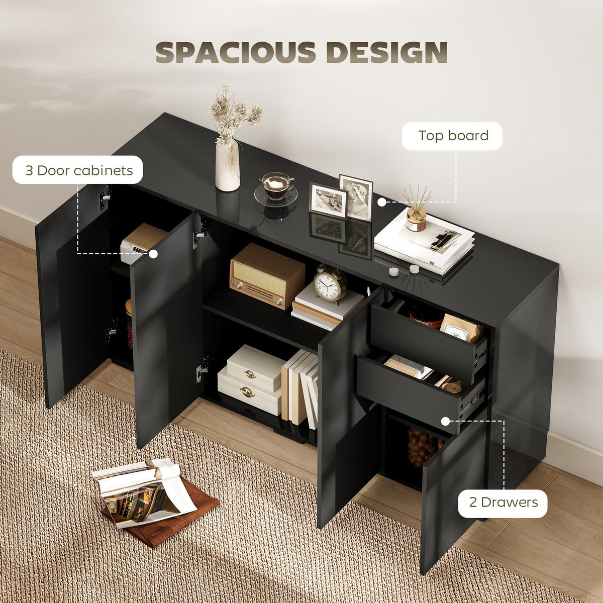 Kitchen Sideboard Storage Cabinet, Modern Coffee Bar with Push-Open Design and 2 Drawers for Living Room, White