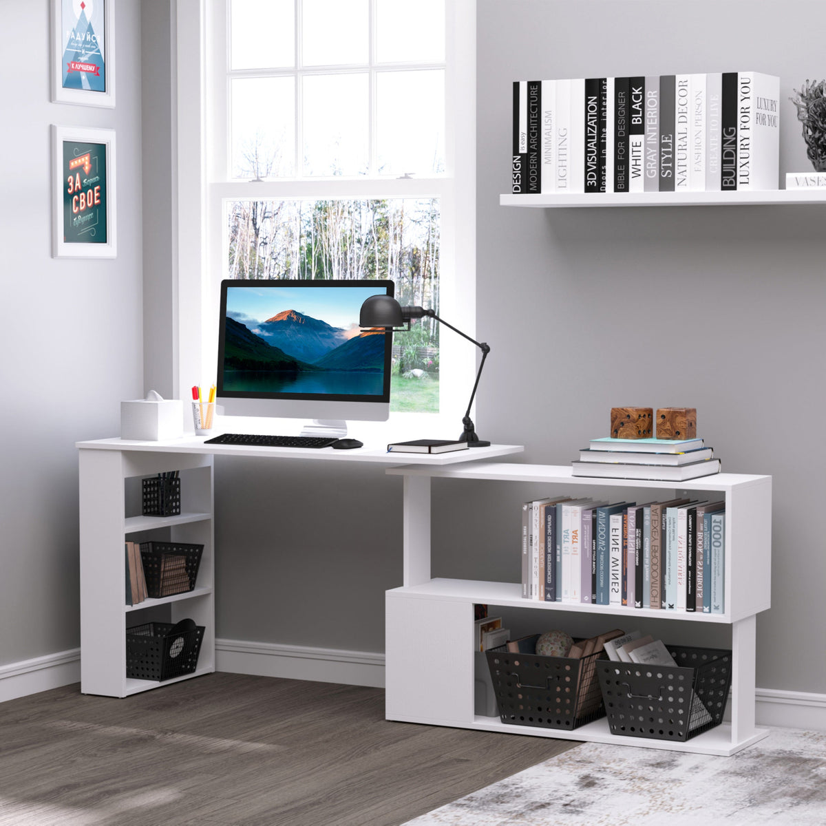 L Shaped Desk, 360° Rotating Corner Desk, Computer Writing Table Workstation with Storage Shelf for Home Office, Black