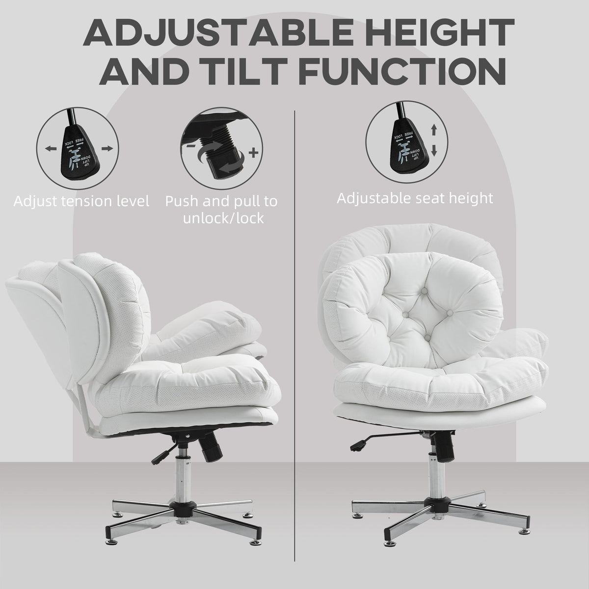 Computer Desk Chair, Armless Office Chair with Wide Padded Seat and Adjustable Height, Cream White