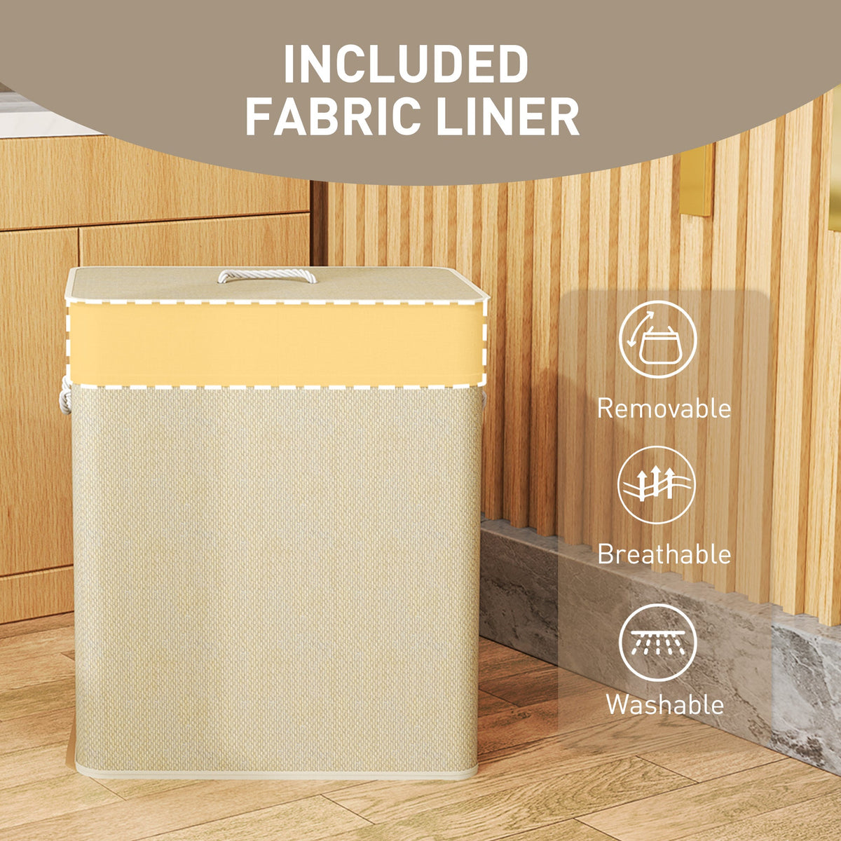 Double Laundry Basket with Lid, 100L Bamboo Laundry Hamper with Rope Handles and Removable Bags, Brown