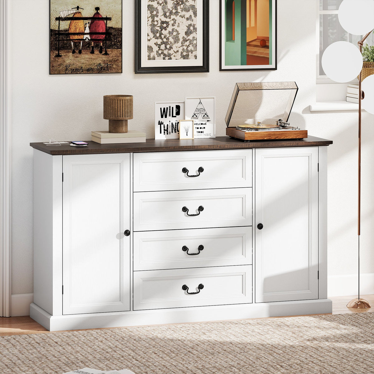Farmhouse Sideboard with Charging Station, 58" Buffet Cabinet, Kitchen Storage Cabinet with 4 Drawers, 2 Doors, Black