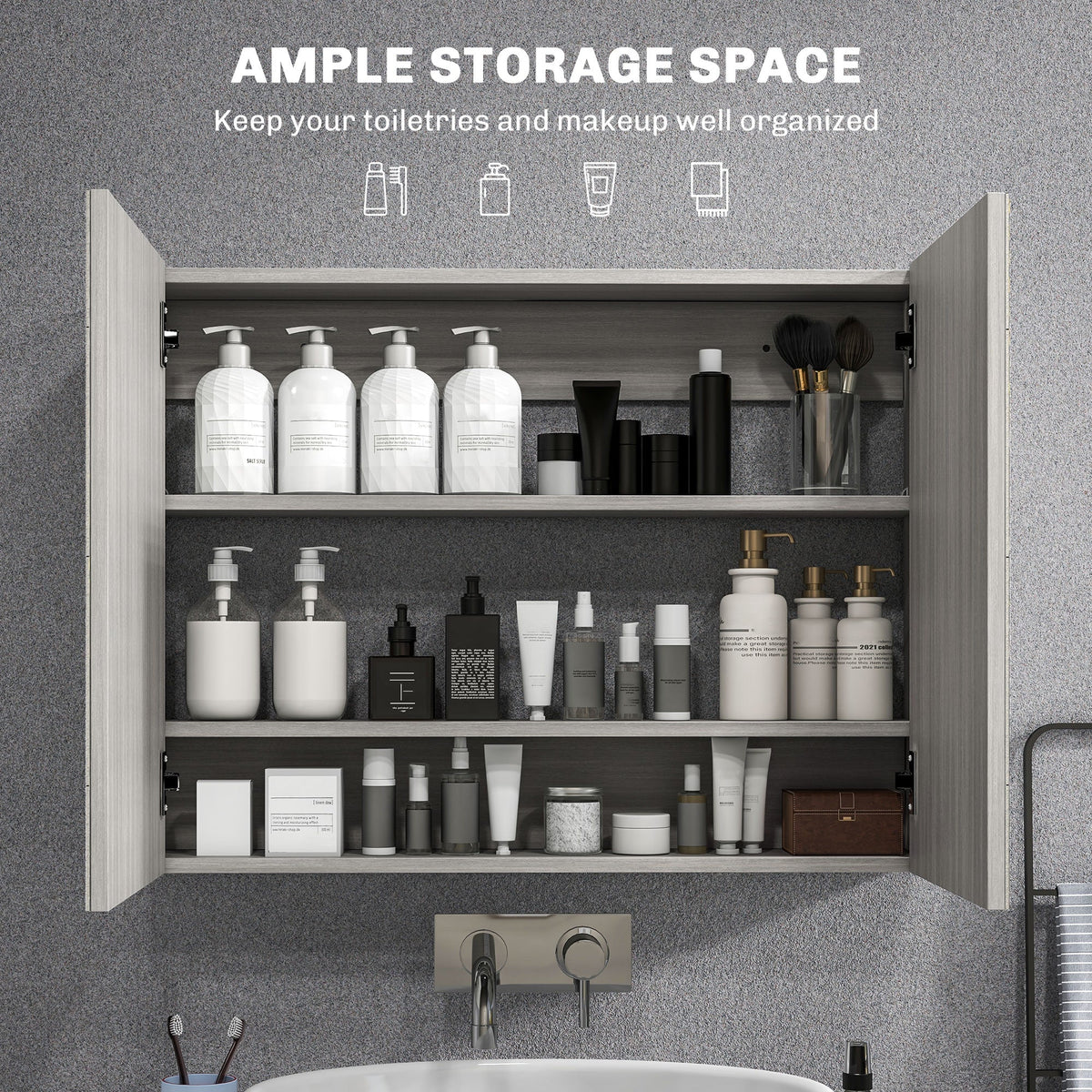 Bathroom Mirror Cabinet, Wall-Mounted Storage Organizer with Double Doors, Adjustable Shelf, White