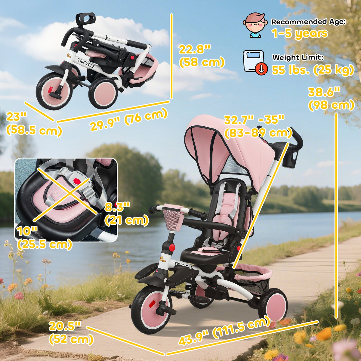 6 in 1 Toddler Tricycle for 1-5 Years Old with Push Handle, Removable Canopy, Rotatable Seat, Black