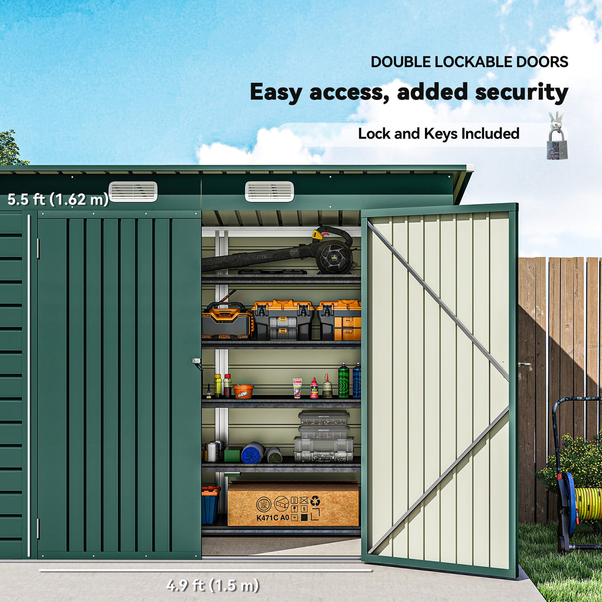 8 x 4FT Galvanized Garden Storage Shed, Metal Outdoor Shed with Double Doors and 2 Vents, Oak