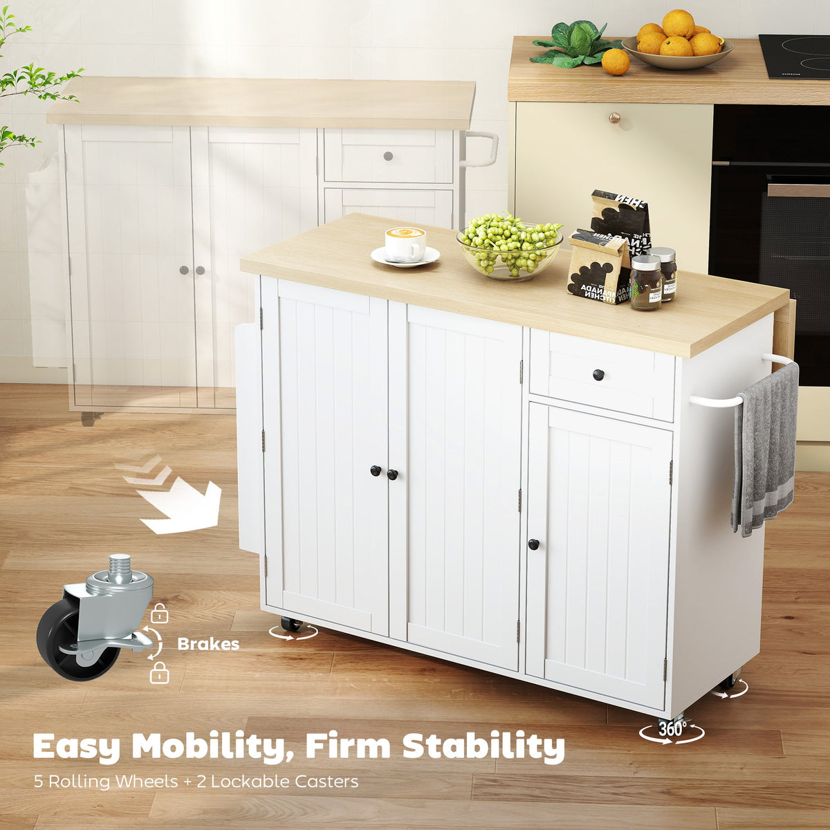 Kitchen Island Cart, Rolling Kitchen Island Table with Drop Leaf, Drawer, Spice and Towel Rack, Black