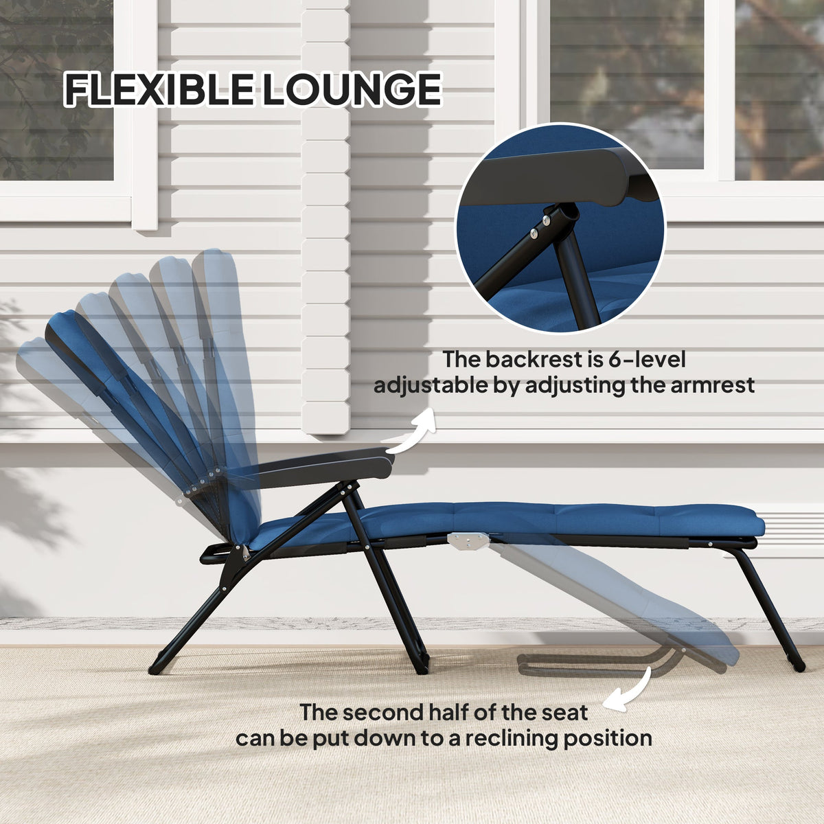Foldable Lounge Chair, Reclining Patio Sun Lounger with 6-Position Adjustable Back, Blue and White