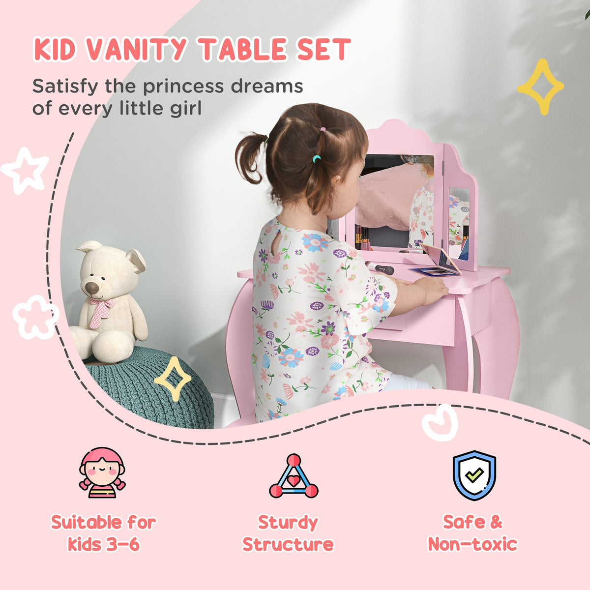 Kids Vanity Table and Stool, Makeup Vanity Girls Dressing Table Set with Tri-folding Mirrors Drawer Star and Heart Pattern, Pink