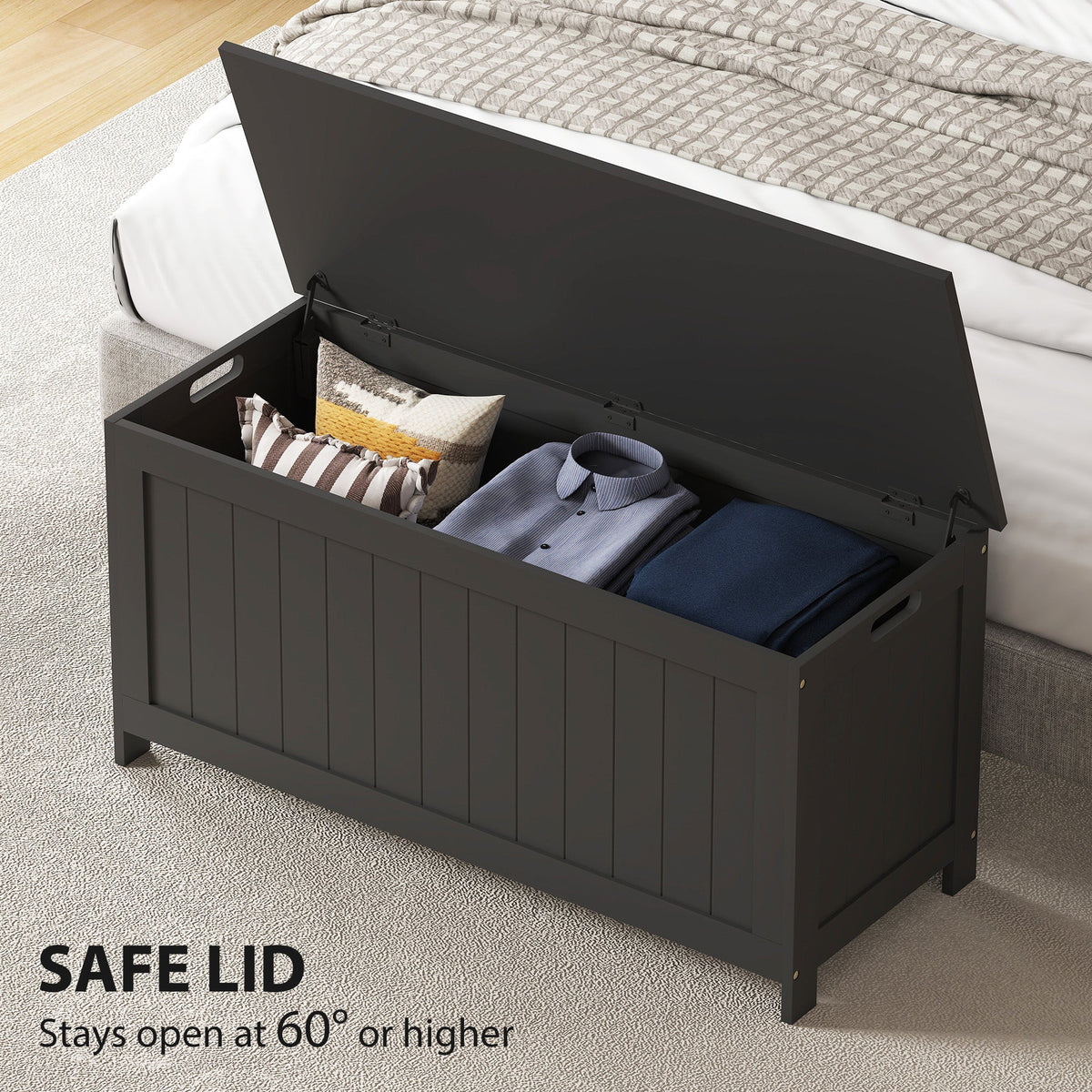 Storage Trunk with 2 Safety Hinges, Modern Entryway Bench with Side Handles, Storage Chest for Living Room, Black