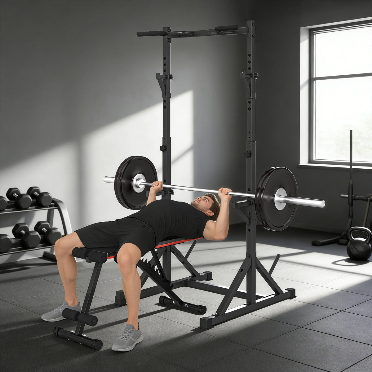 Adjustable Squat Rack, Multi-Function Bench Press Rack with Weight Plate Holders and Pull up Bar, Black