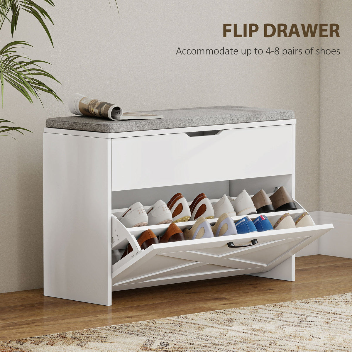 Shoe Storage Bench with Flip Drawer and Lift Top Storage, Entryway Bench with Seat Cushion for Hallway, Black