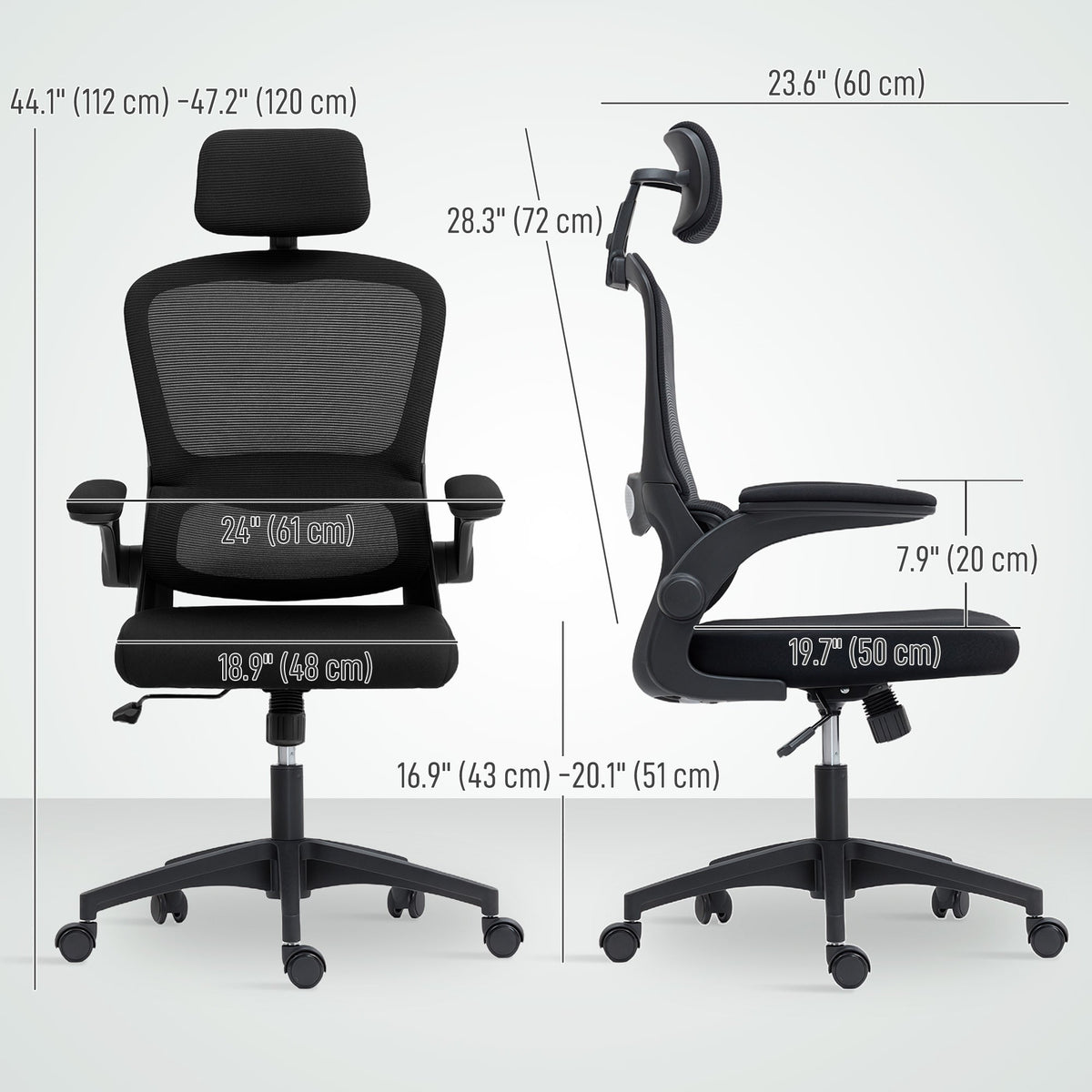 Ergonomic Mesh Office Chair, High Back Desk Chair with Rotatable Headrest, Flip-Up Armrests, Lumbar Support, Black