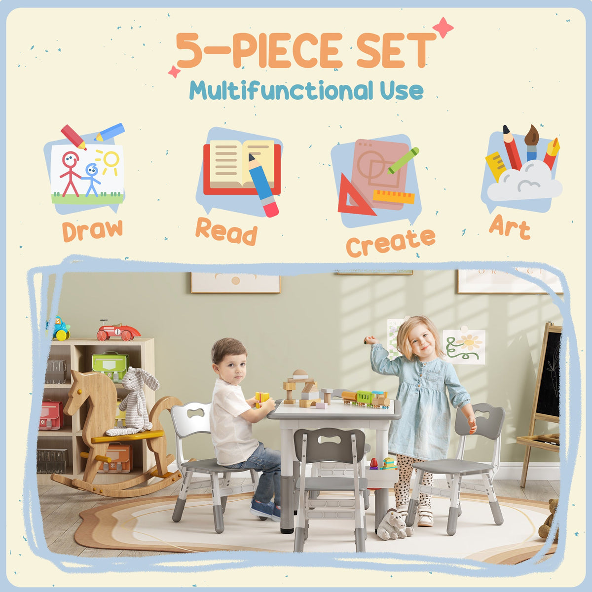 5 Pieces Toddler Table and Chair Set, Height Adjustable Activity Table and Chair Set for Nursery Classroom, Grey