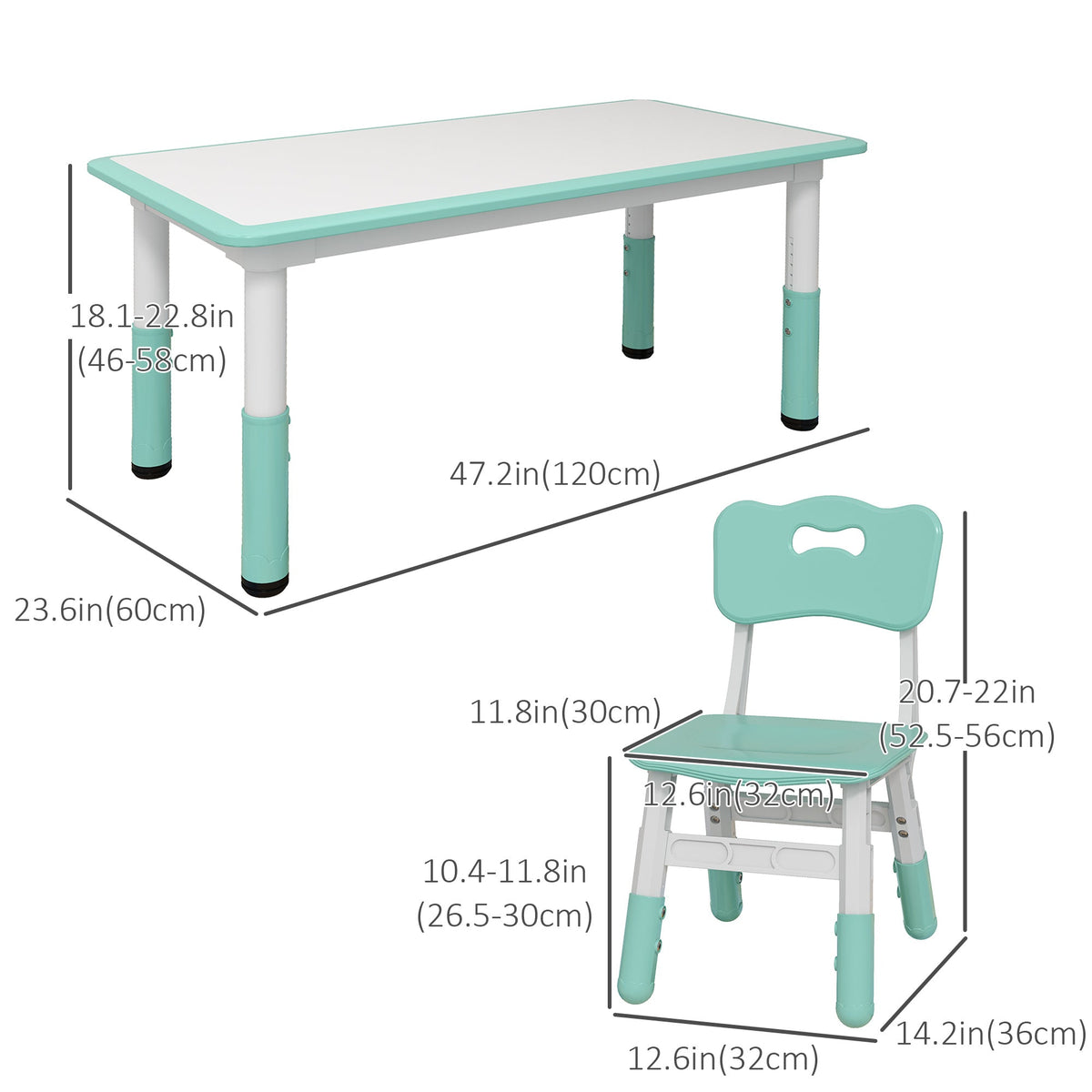 Kids Table and Chair Set with 4 Chairs, Adjustable Height, Easy to Clean, for 1.5 - 8 Years Old, Green