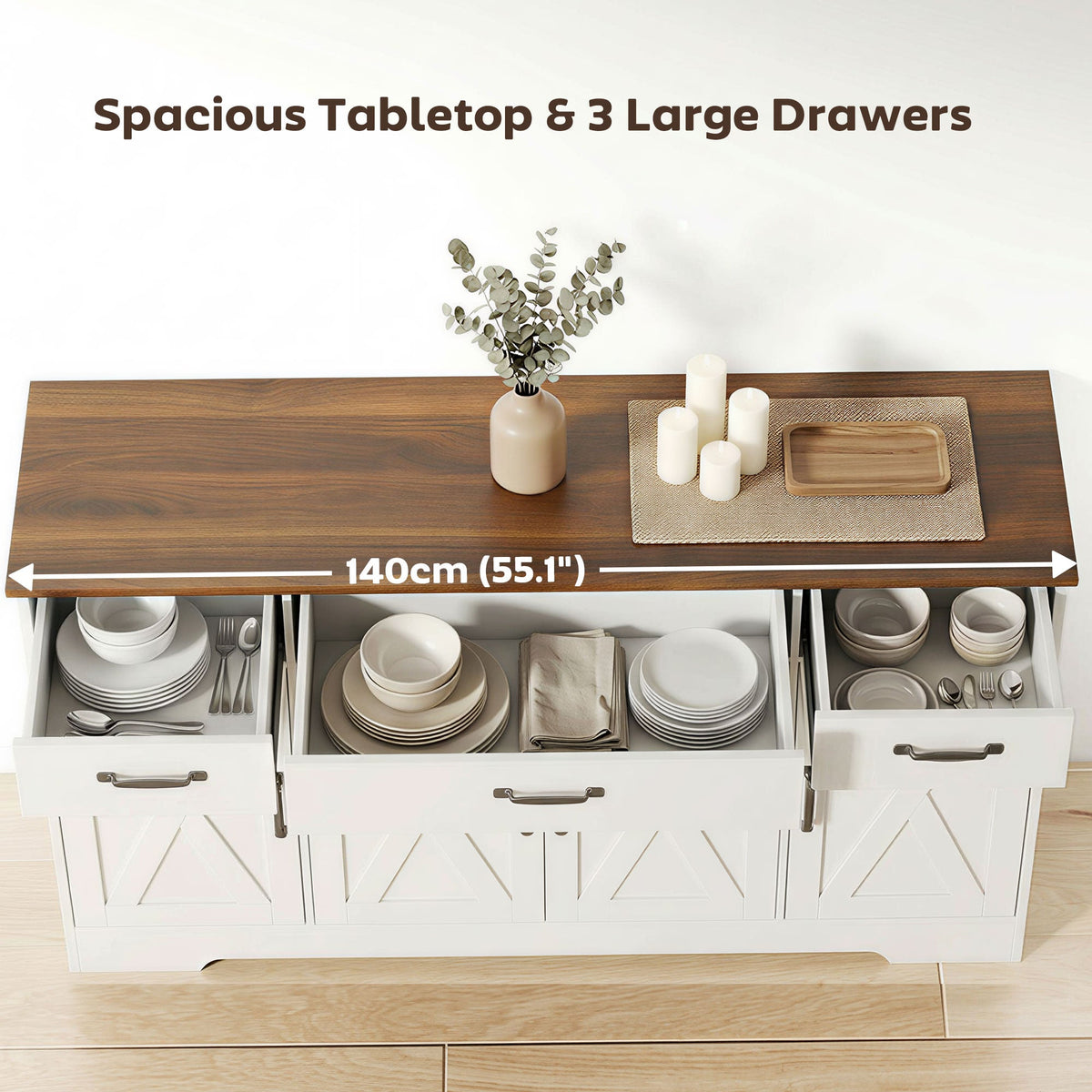 Sideboard Buffet Cabinet, 55" Farmhouse Kitchen Cabinet with 4 Barn Doors, 3 Drawers, 3 Adjustable Shelves, Black