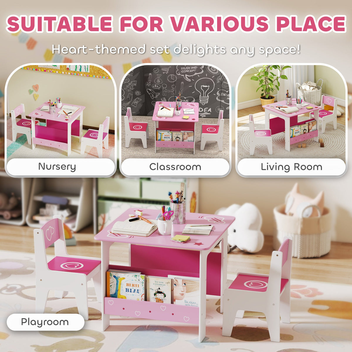 3 Pieces Kids Table and Chair Set with Bookshelves, for Classroom, Home, Nursery, Playroom, for Read, Draw, Art, Pink