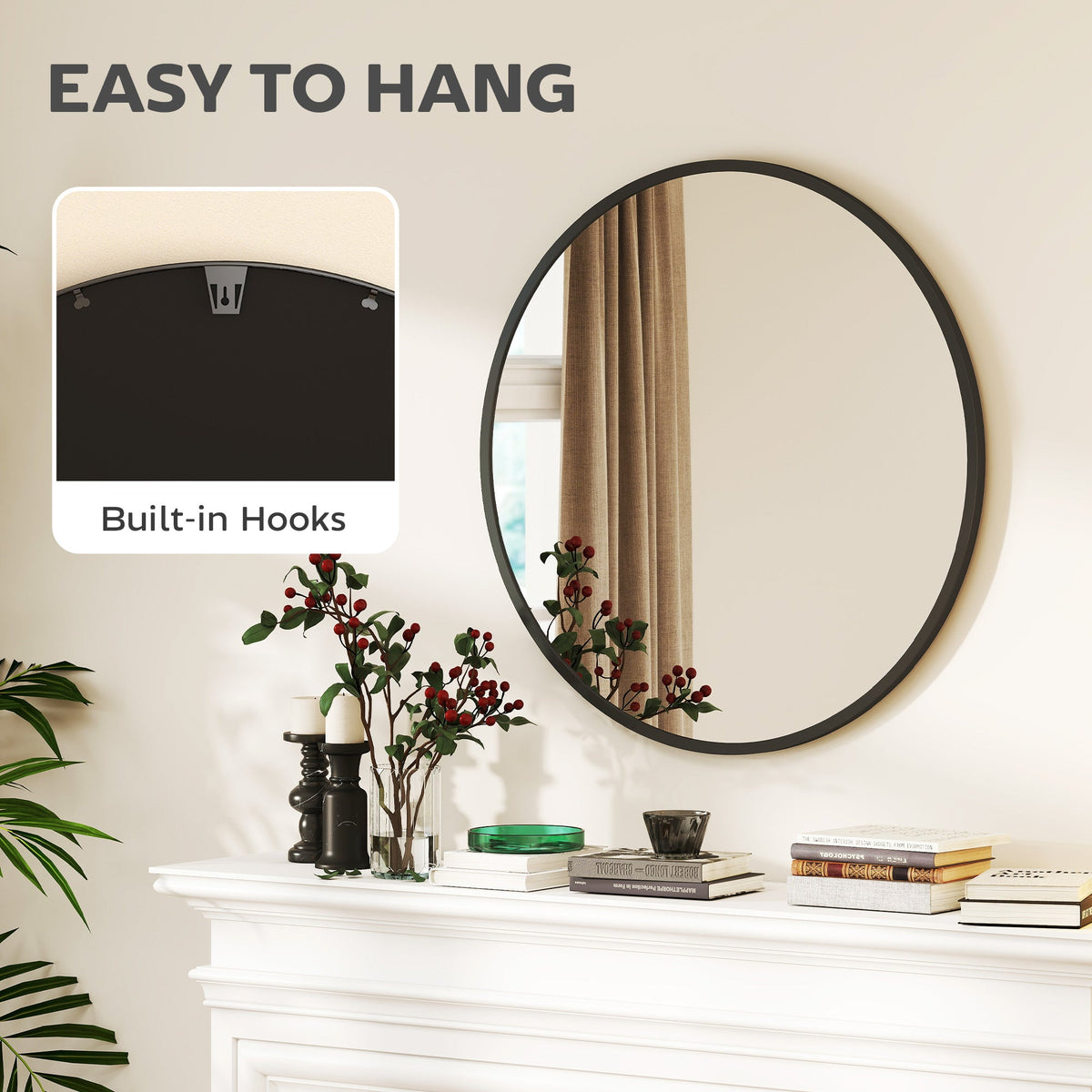36" Round Mirror, Bathroom Wall Mirror with Metal Frame, Decorative Vanity Mirror for Living Room, Bedroom, Black