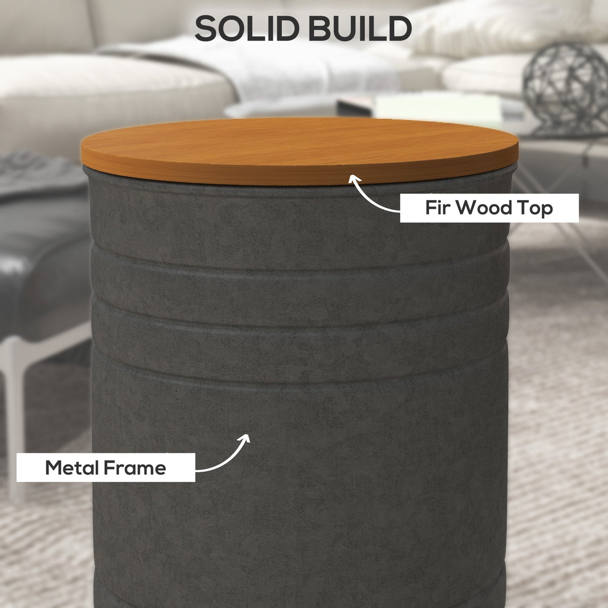 Round Side Table Set of 2, Nesting Coffee Tables w/ Wooden Lid, Metal Frame and Hidden Storage Space for Bedroom, Black