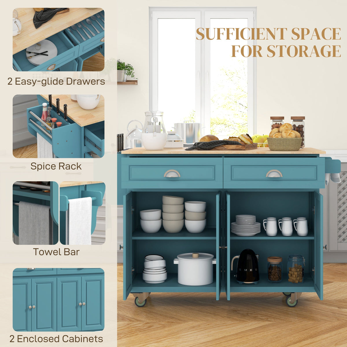 Kitchen Island with Storage, Rolling Kitchen Island with Drop Leaf, Rubber Wood Top and Adjustable Shelves, Light Blue