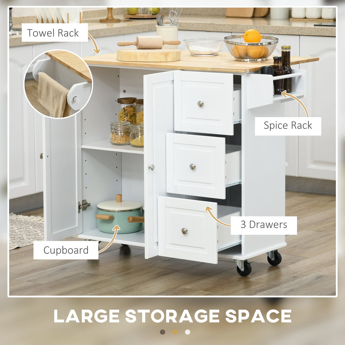 Kitchen Island on Wheels, Kitchen Cart with Drop Leaf, Drawers, Grey