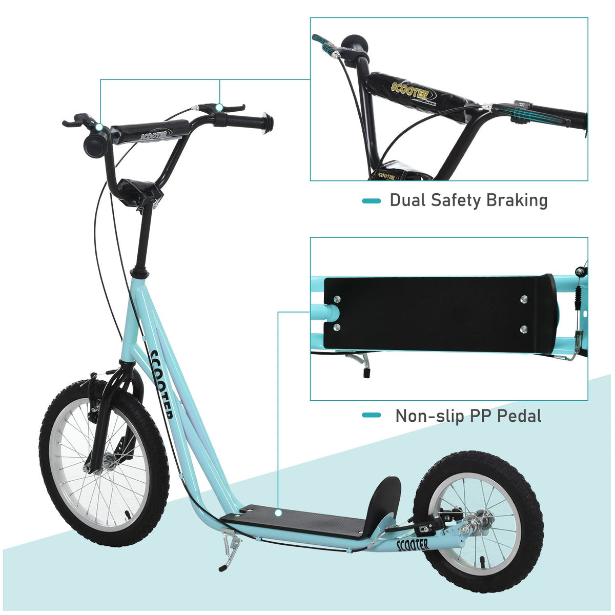 Youth Kick Scooter with Adjustable Handlebar and 16'' Inflatable Rubber Wheel for Kids and Teens 5+ Year Old, Black