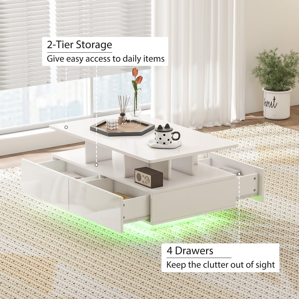 Coffee Table with RGB LED Lights, Modern Living Room Table with 4 Drawers, Open Shelf, Remote Control, High Gloss White