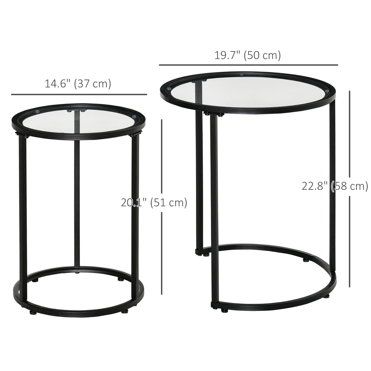 Set of 2 Nesting Coffee Tables with Metal Base, Round Side Table with Tempered Glass Tabletop for Living Room, Bedroom, Black