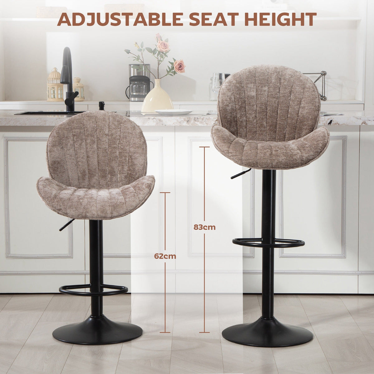 Bar Stools Set of 2, Swivel Barstools with Back, Adjustable Height and Footrest for Kitchen Island, Dining Room, Beige