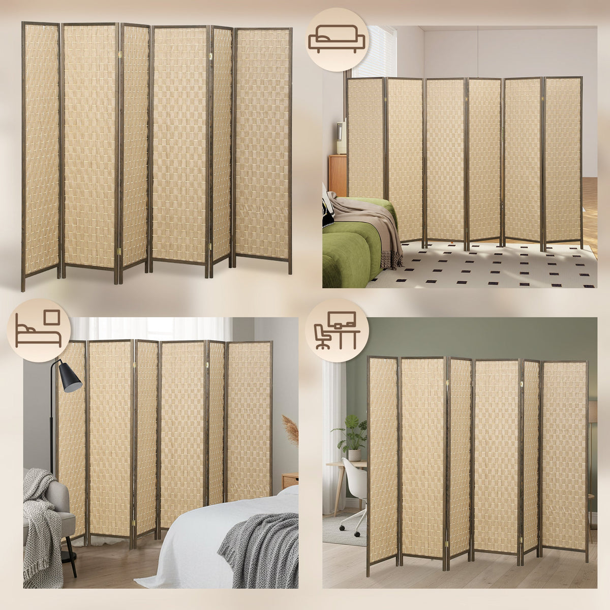 6 FT Room Divider, 4 Panel Folding Privacy Screen, Lightweight Handwoven Freestanding Partition for Home Office, Brown