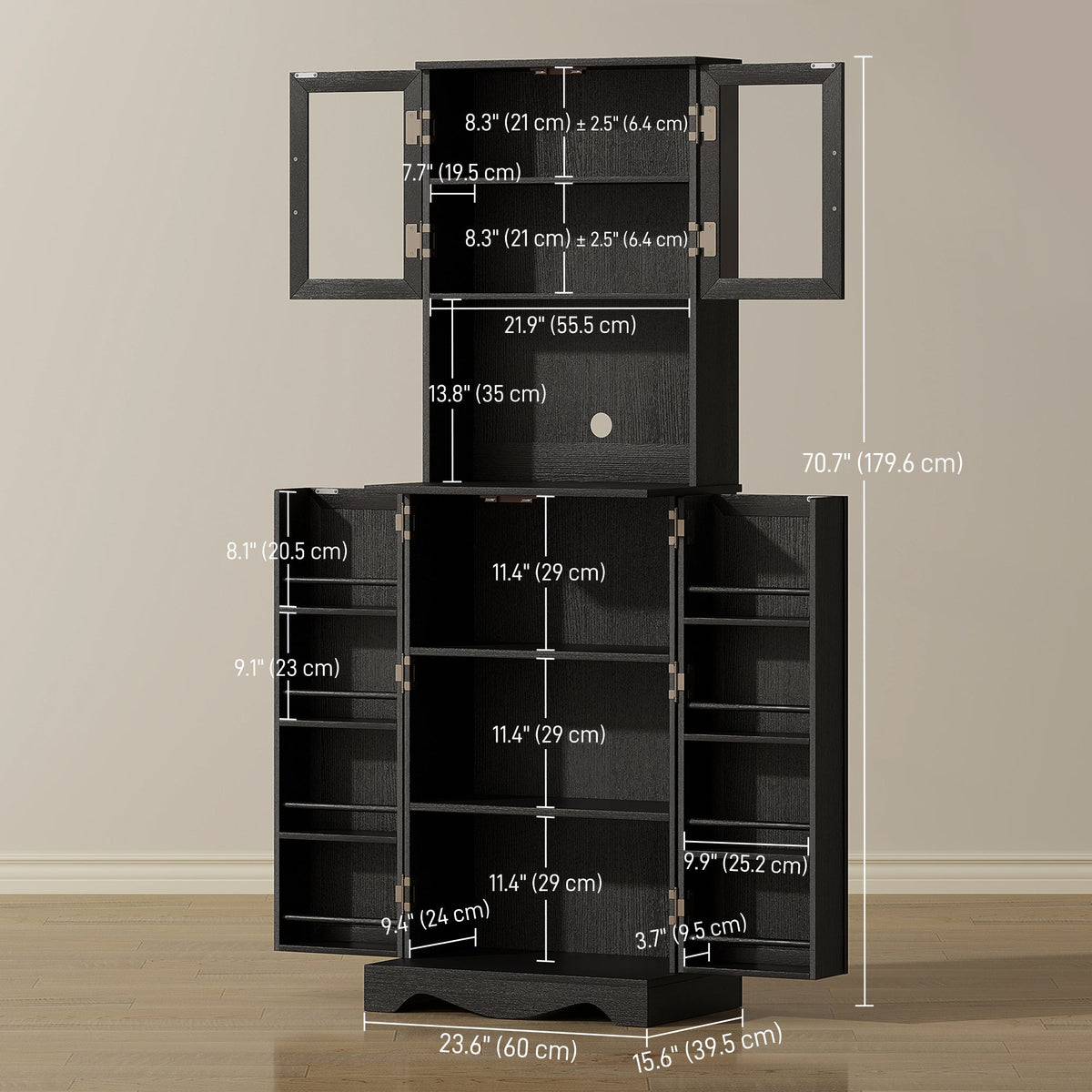 71" Kitchen Pantry Cabinet, Freestanding Kitchen Hutch with 8 Door Shelves, Adjustable Shelf and Acrylic Doors, Black