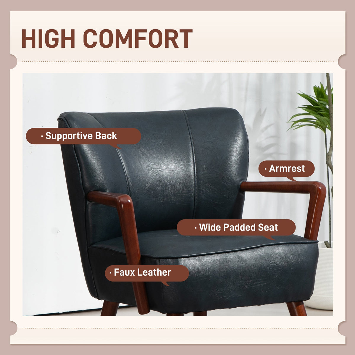 Accent Chair, Modern Armchair, Faux Leather Upholstered Living Room Chair with Wood Legs and Wide Padded Seat, Black