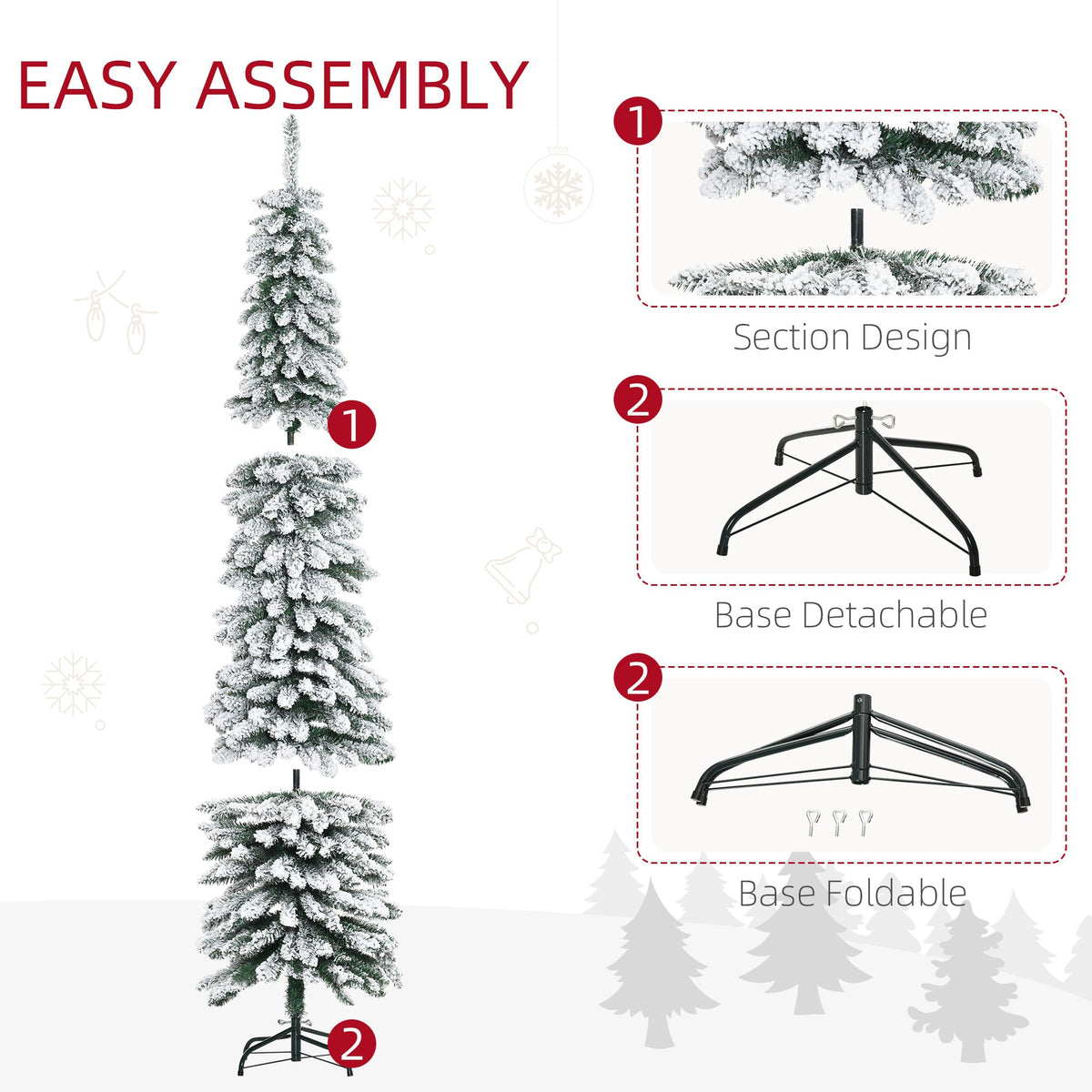 6 Ft Snow-Flocked Artificial Christmas Tree, Slim Pencil Xmas Tree with Realistic Branches, Metal Base, Green