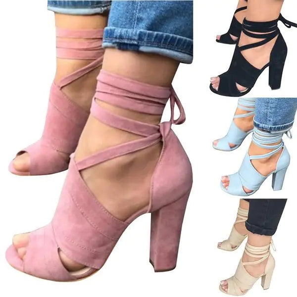 Suede Peep-Toe Sandals with High Chunky Heels
