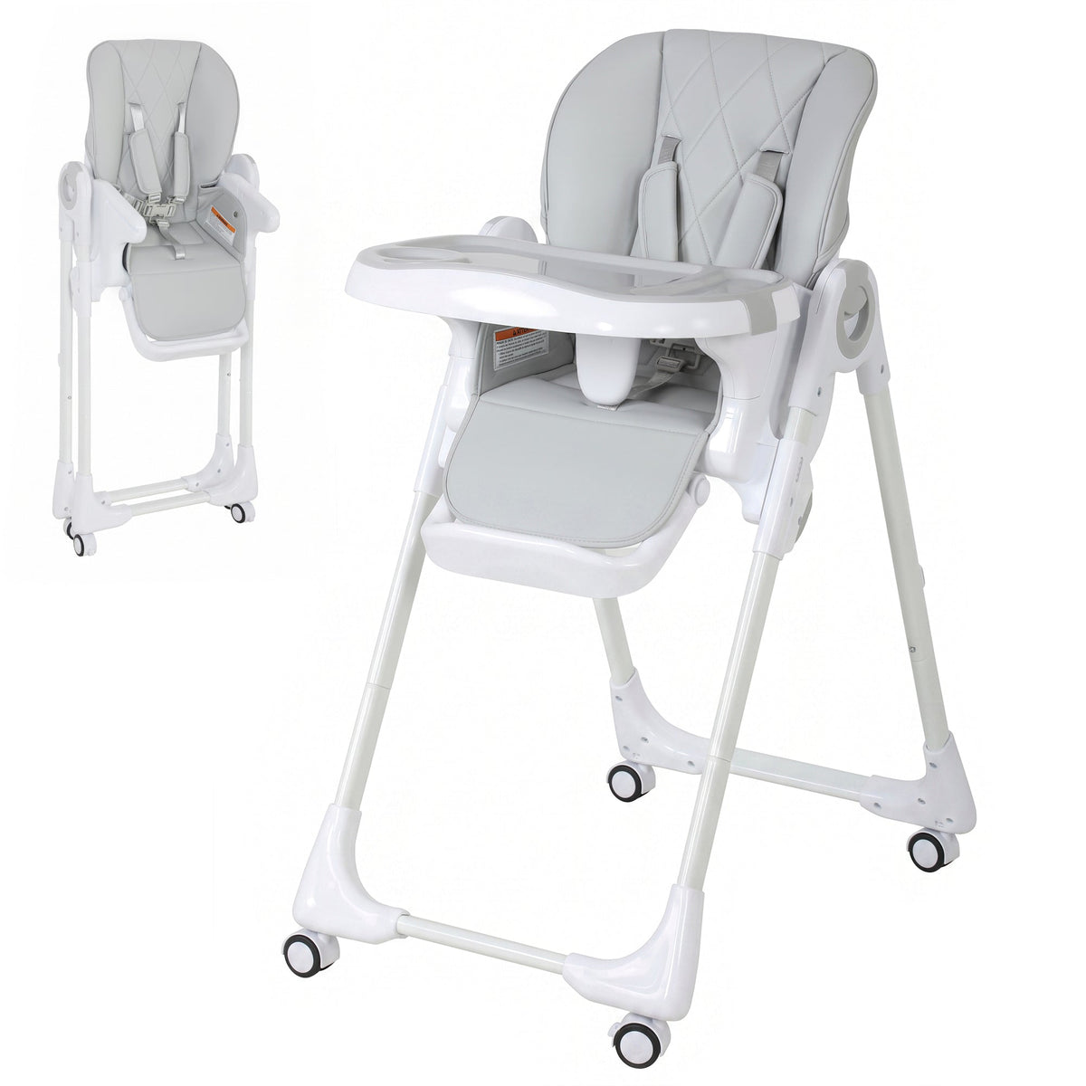 High Chair with Wheels, Double Tray, Foldable Baby Seat with Adjustable Seat Height, Backrest, Footrest and Tray, Grey