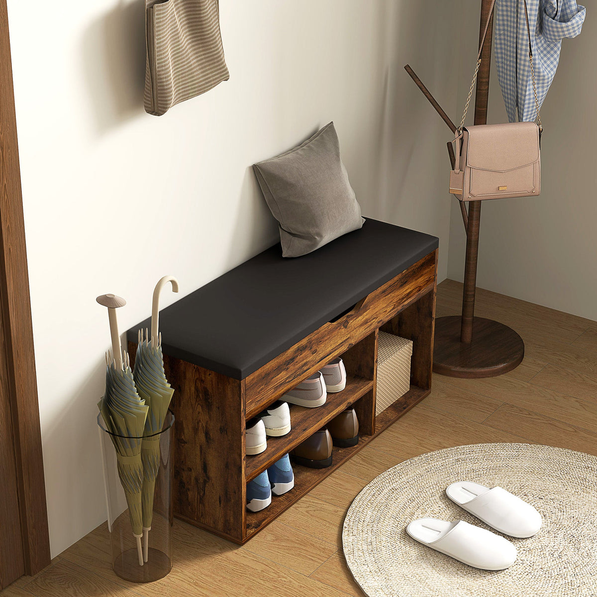 Shoe Bench Entryway Storage Rack with Padded Cushion, Hidden Storage for Hallway, Living Room, Natural