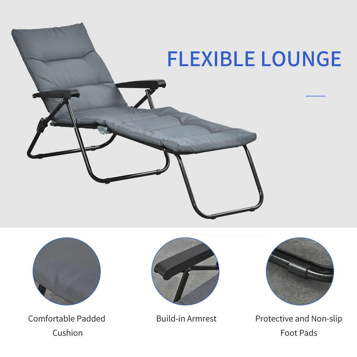 Foldable Lounge Chair, Reclining Patio Sun Lounger with 6-Position Adjustable Back, Blue and White