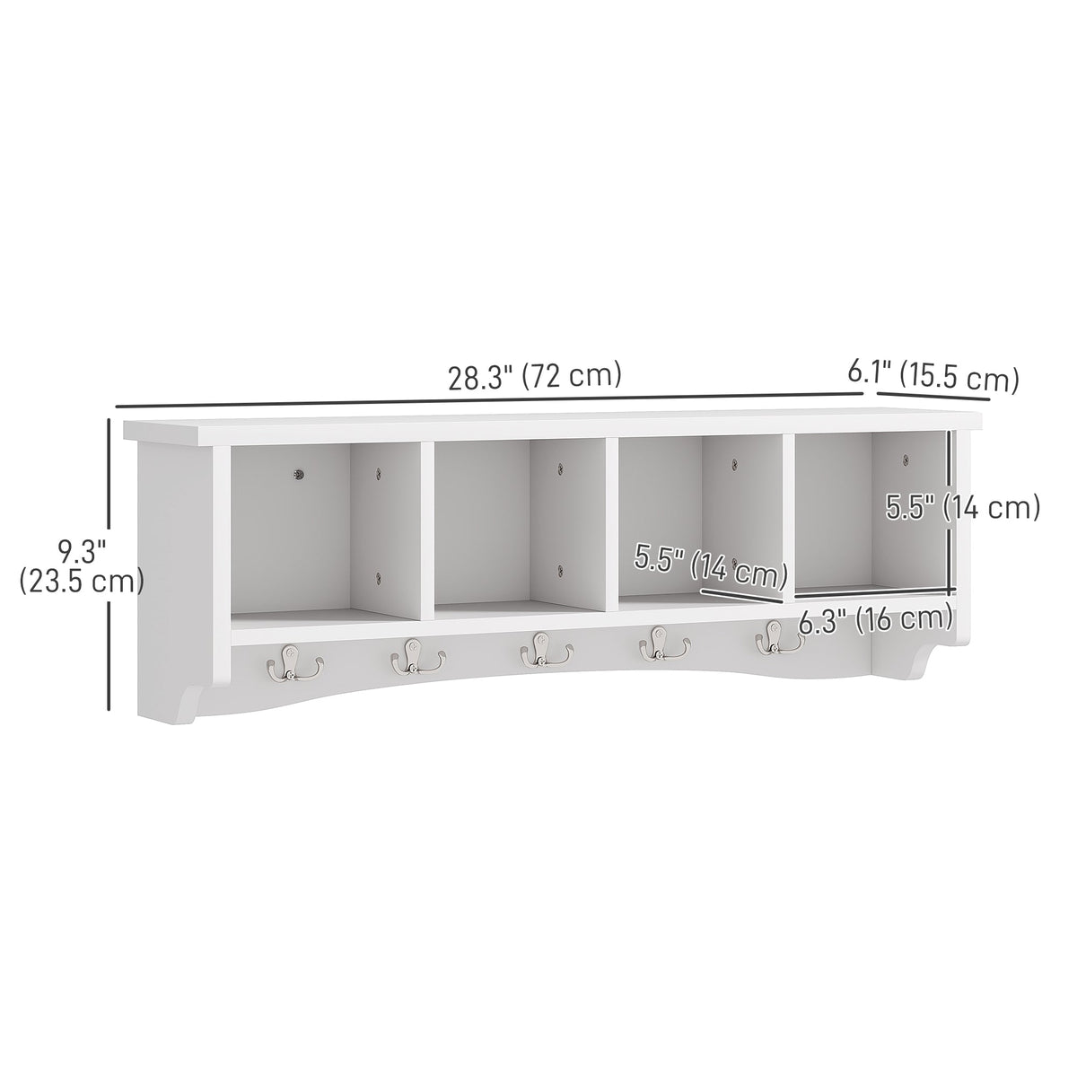 Coat Rack Wall Mount with Shelf, 28" Wall Coat Rack with 5 Hooks and 4 Compartments for Living Room, Entryway, Black