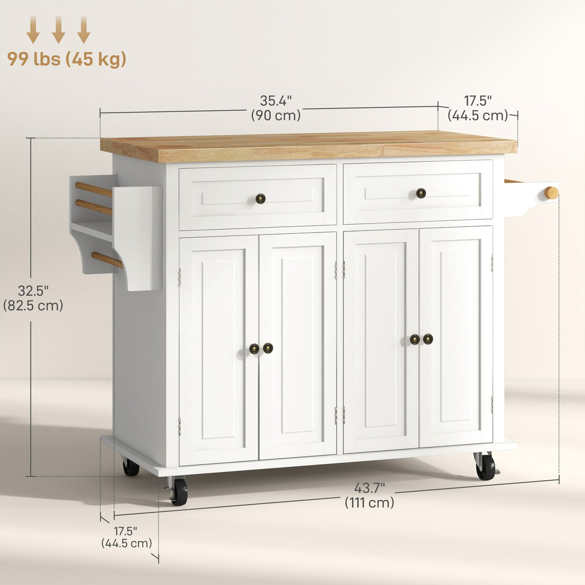 Kitchen Island with Storage, Rolling Trolley Cart with Rubber Wood Top, Spice Rack, Towel Rack, Brown Oak