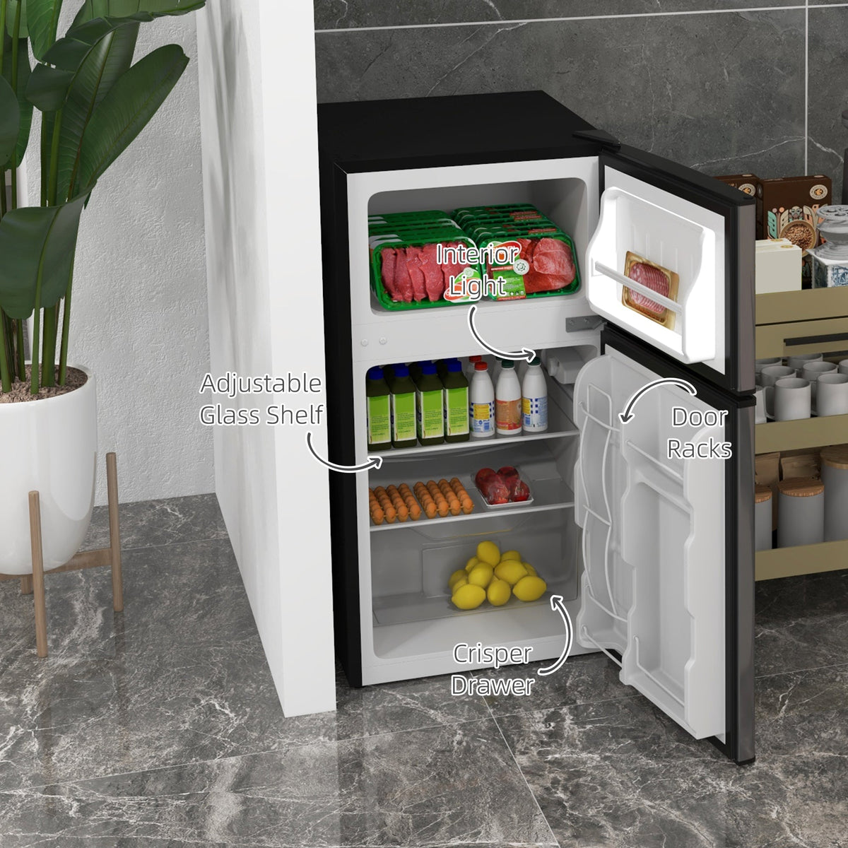 3.2 Cu Ft Compact Refrigerator, Mini Fridge with Freezer, Adjustable Shelves and Reversible Doors for Bedroom, Black