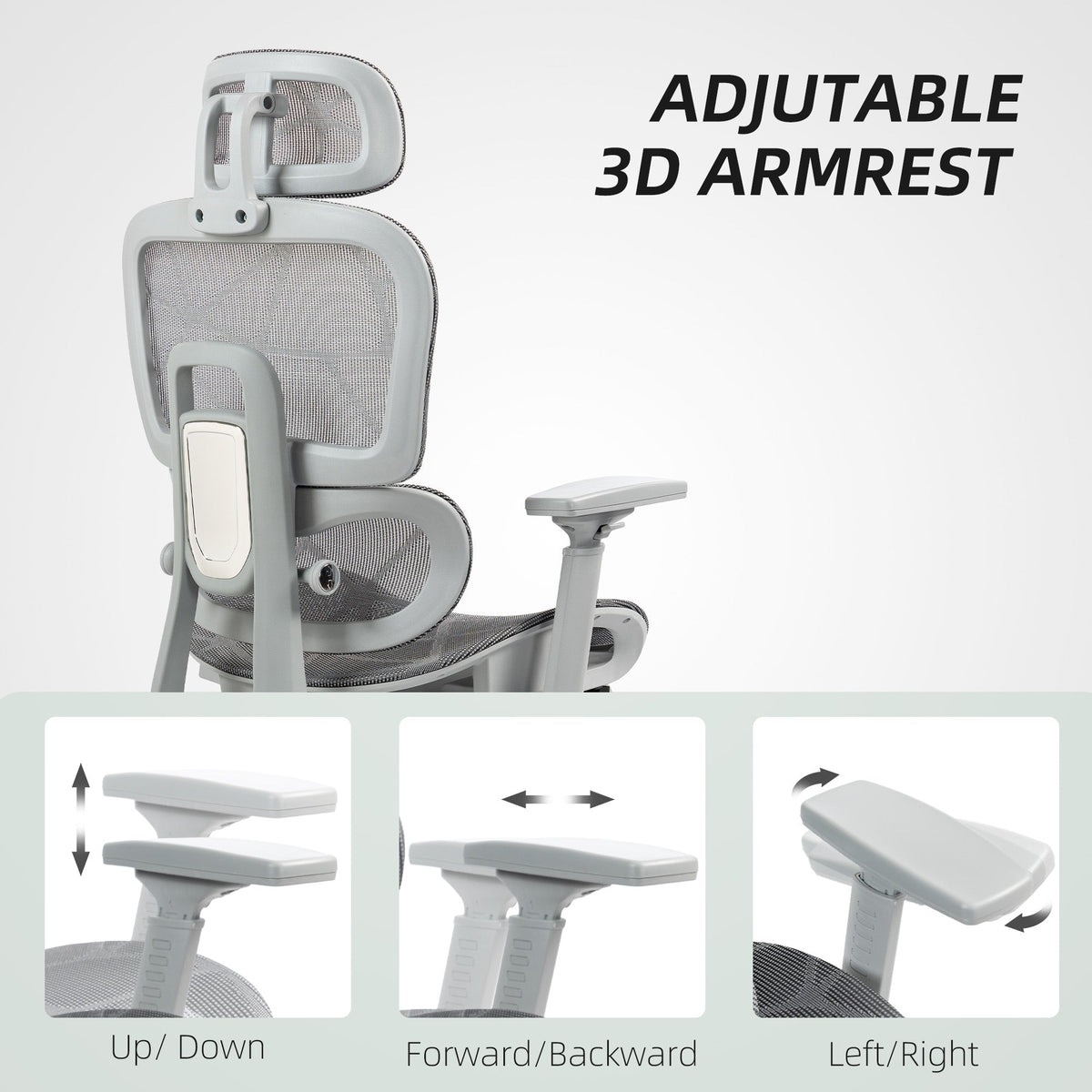 Mesh Office Chair with 3D Armrest, High Back Desk Chair with Lumbar Support, 135° Reclining, Adjustable Headrest, Black