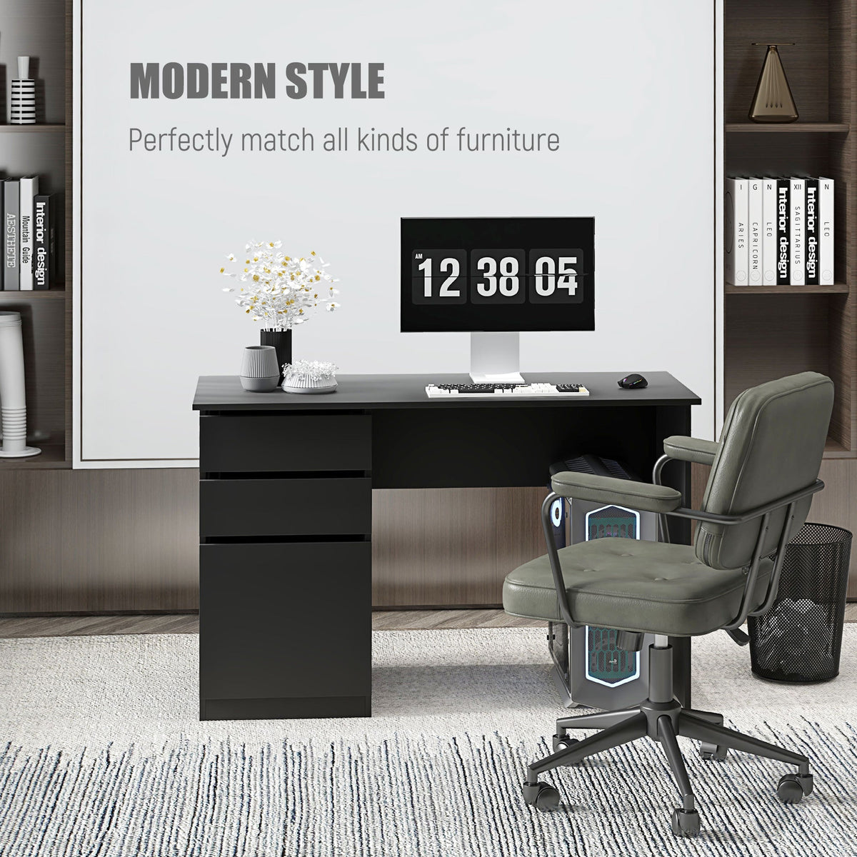 Modern Computer Desk, Home Office Desk for Study, Writing Workstation with Storage Drawer and Cabinet for Living Room, White