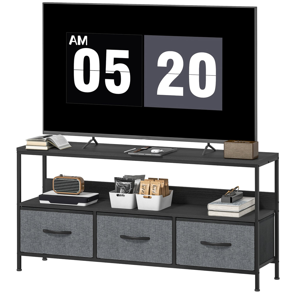 TV Stand with Charging Station, TV Table with 2 Foldable Linen Drawers and Open Shelf for 47 Inch Television, Black