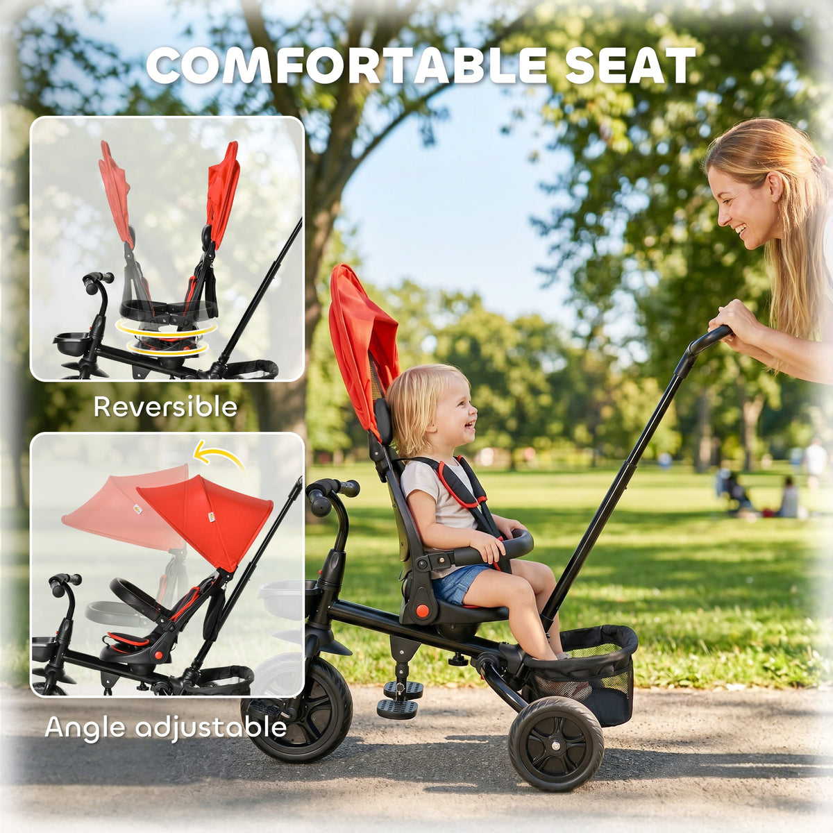 Tricycle for Toddler 5 in 1 Kids Trike, Foldable Converts Stroller to Toddler Bike, Adjustable Backrest & Curved Canopy, Detachable Guardrail & Handle for 1-5 Years Old, Black