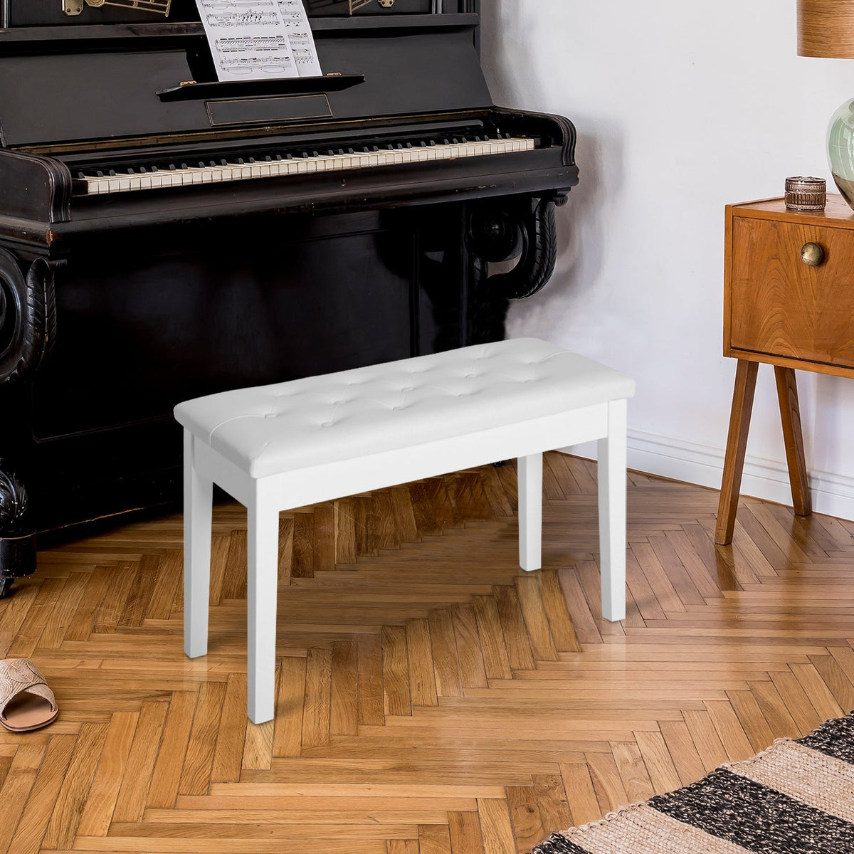 30" Piano Bench with Padded Cushion and Storage, Faux Leather Keyboard Bench with Solid Wood Legs, Black