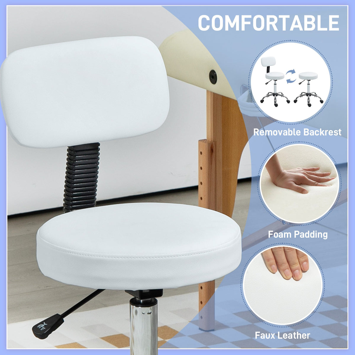 Adjustable Rolling Stool with Removable Backrest, Faux Leather Swivel Stool Chair for Salon Spa, Bar, Massage, Black