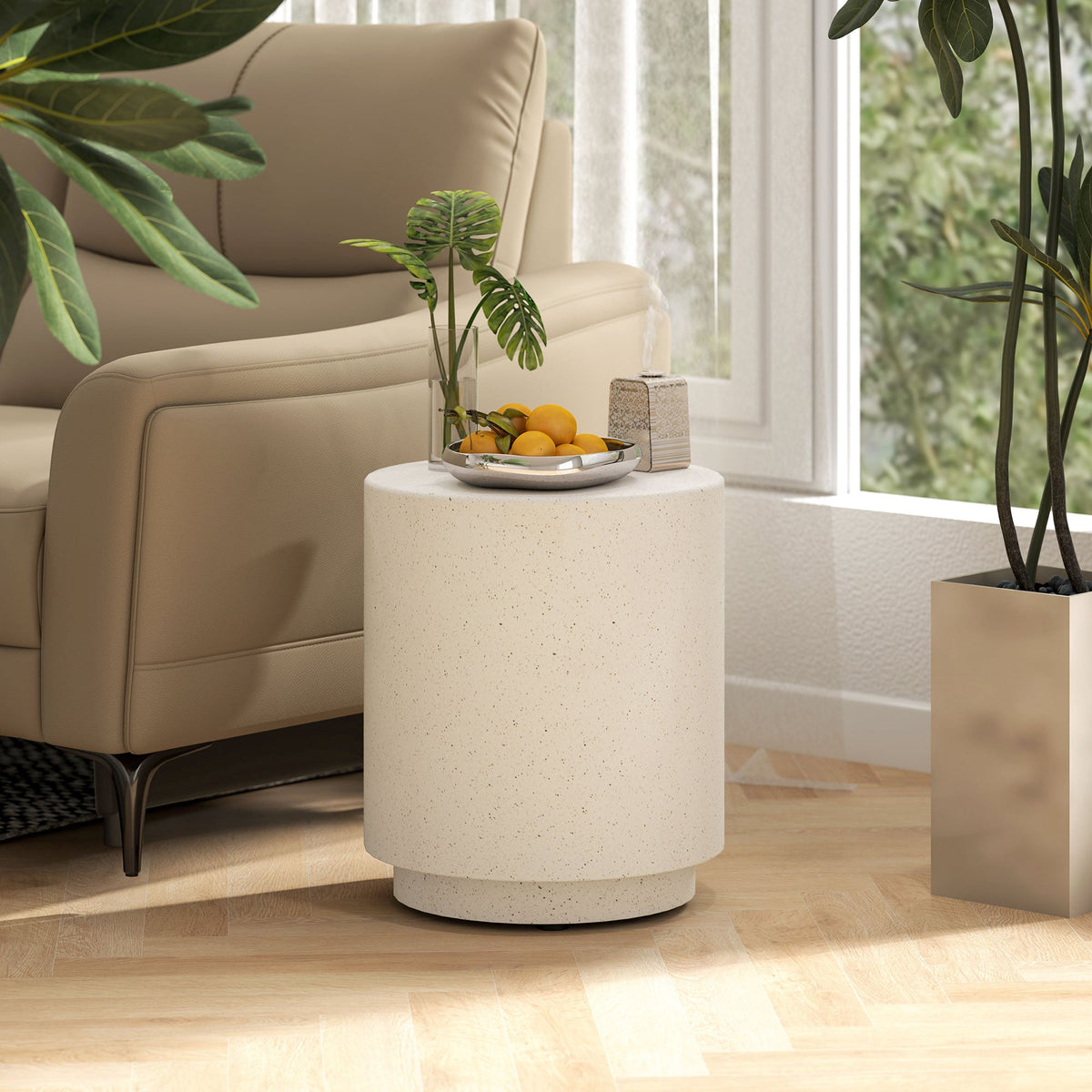 Terrazzo Finish Side Table, 17" Round End Table for Indoor and Outdoor, Charcoal Grey